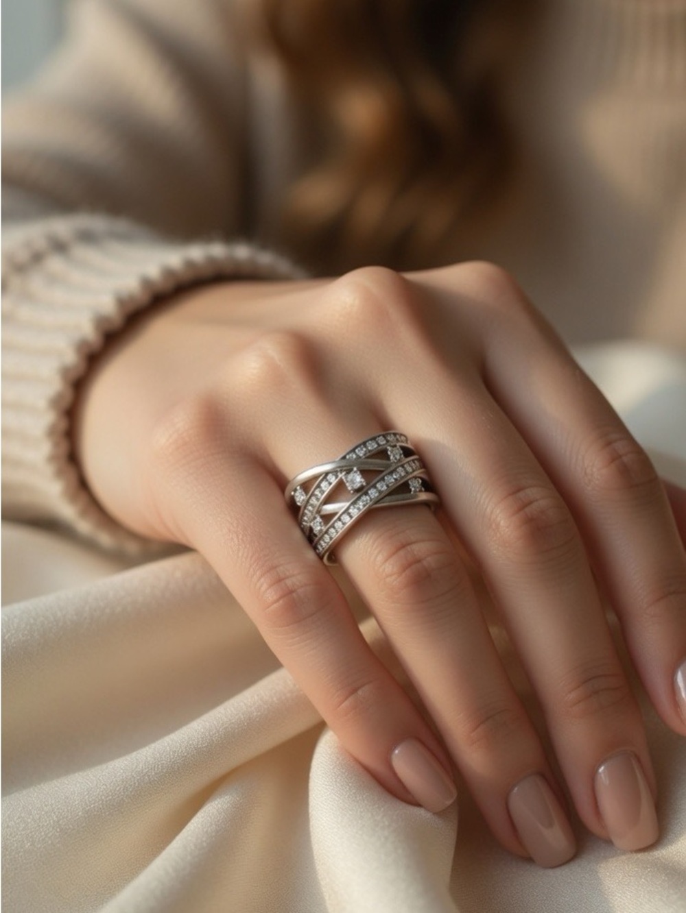 1/2 CTTW Genuine Natural Diamond Crisscross Multi Row Band 925 Sterling Silver